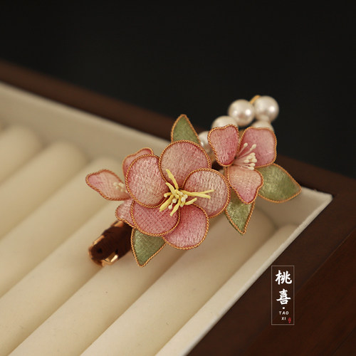 桃花古风汉服发夹精致花朵发饰新中式粉色掐丝发饰头饰日常配饰女