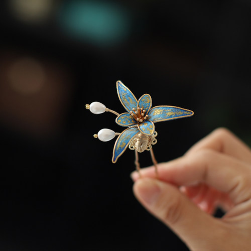 绒布掐丝仿绒花发簪花朵珍珠小u簪古风头饰简约点缀汉服发饰发钗