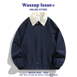 潮牌宽松休闲情侣外套男 春秋季 WASSUP ISSUE日系复古翻领夹克男款