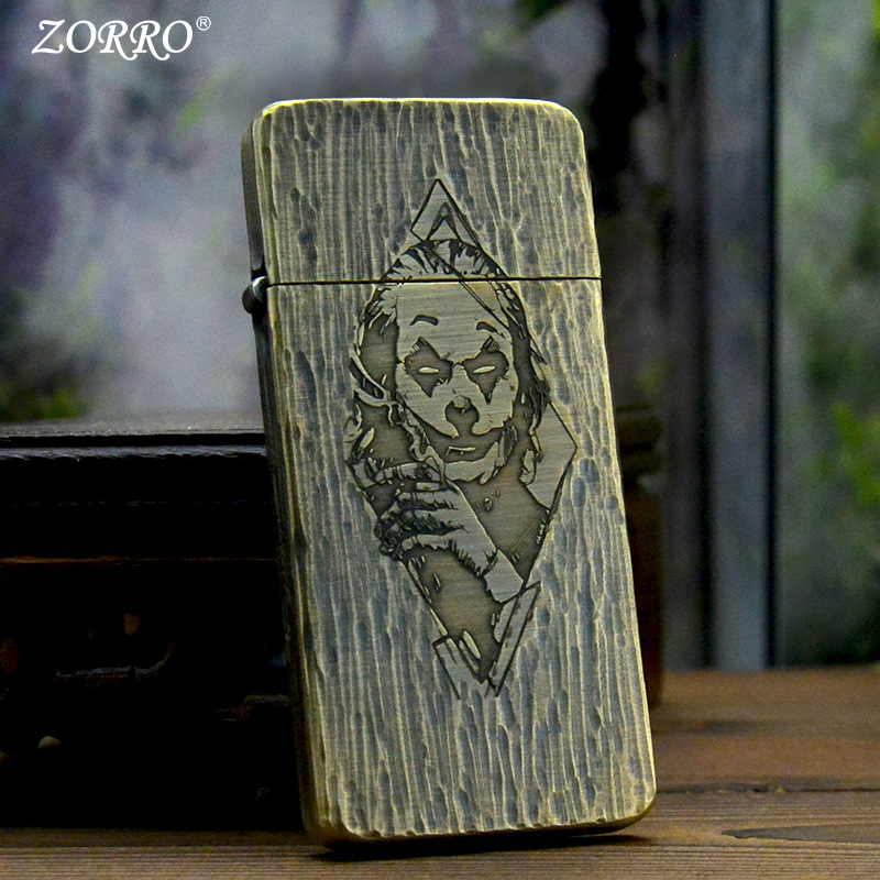 包邮ZORRO佐罗创意黄铜双面精雕超薄ZC-5手雕小丑砂轮煤油打火机