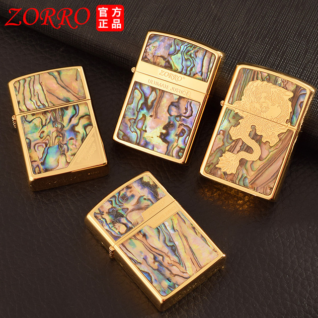 包邮ZORRO/佐罗原铜朴实彩贝个性七彩贴章贝壳创意男士煤油打火机
