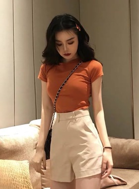 TF白色t恤女正肩短袖纯棉2025夏季新款半高领修身显瘦百搭上衣潮