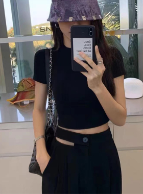 白色短款紧身t恤女2025夏季基础款纯色高腰辣妹短袖纯棉体恤上衣