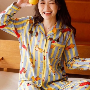 大码 全棉纯棉纱布长袖 家居服套装 睡衣女款 可外穿 休闲卡通春秋季