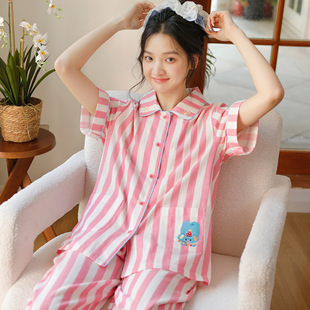 可外穿 夏季 全棉纯棉纱布短袖 长裤 甜美多巴胺条纹睡衣女家居服套装