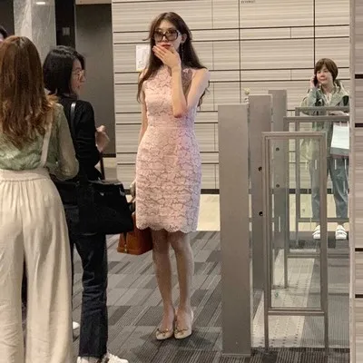 明星林志玲同款粉色蕾丝无袖连衣裙春夏修身显瘦A字粉红色裙子女