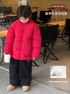 略略童装冬装男童羽绒服儿童新中式外套2023新款宝宝拜年服红色潮