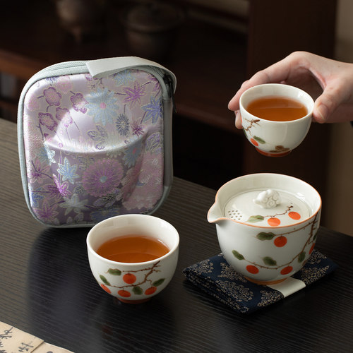 釉下彩手绘便携旅行茶具一户二杯