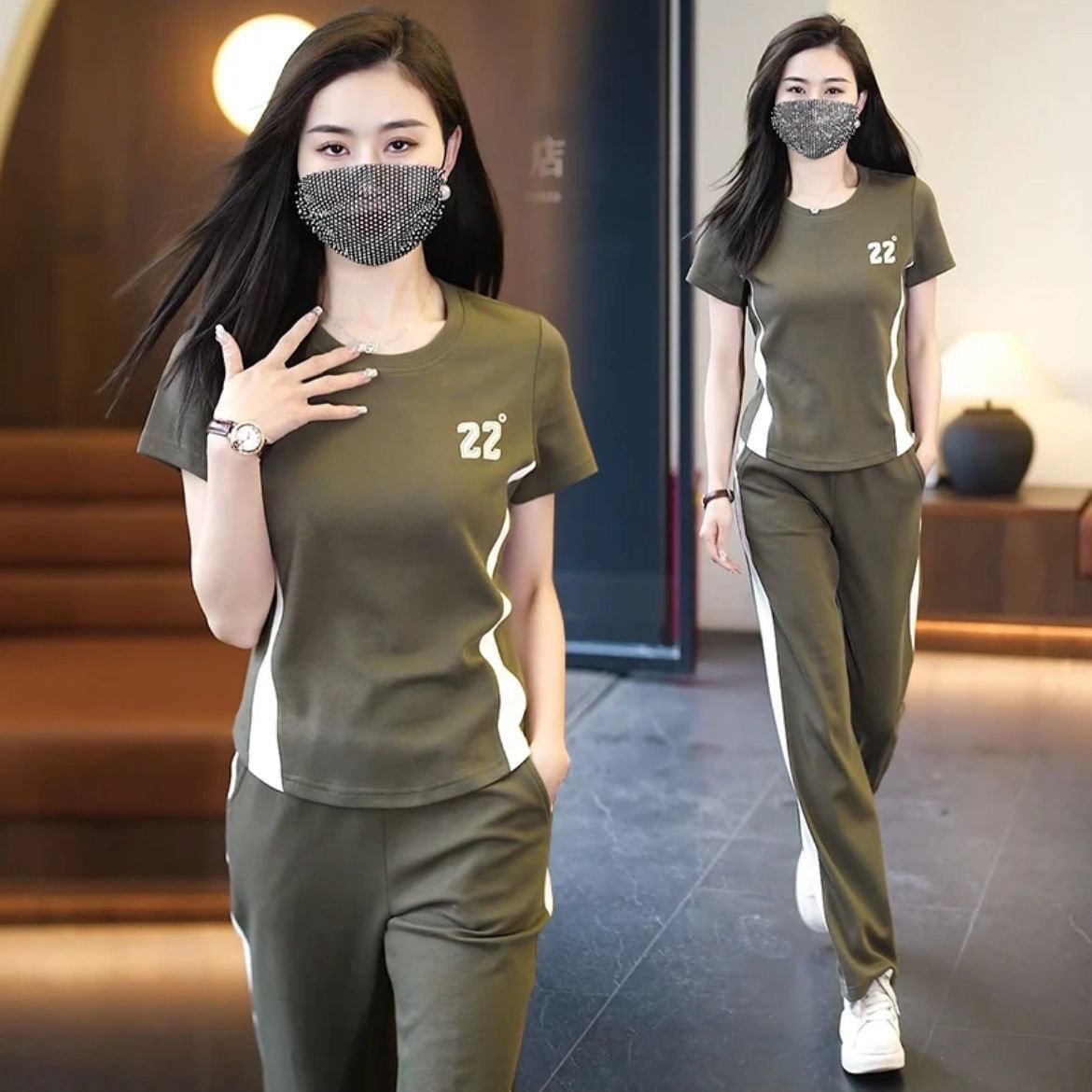 气质休闲运动短袖套装女士2025新款夏季时尚洋气减龄阔腿裤