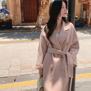 阿拉善骆驼绒大衣女秋冬款宽松系带中长款毛呢外套高端双面呢大衣