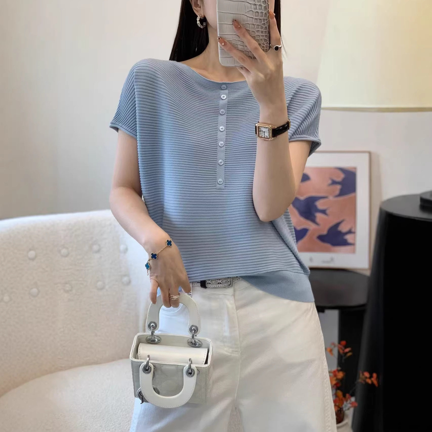 2026新款春装女装桑蚕丝短袖t恤圆领夏季显瘦针织衫上衣打底衫潮