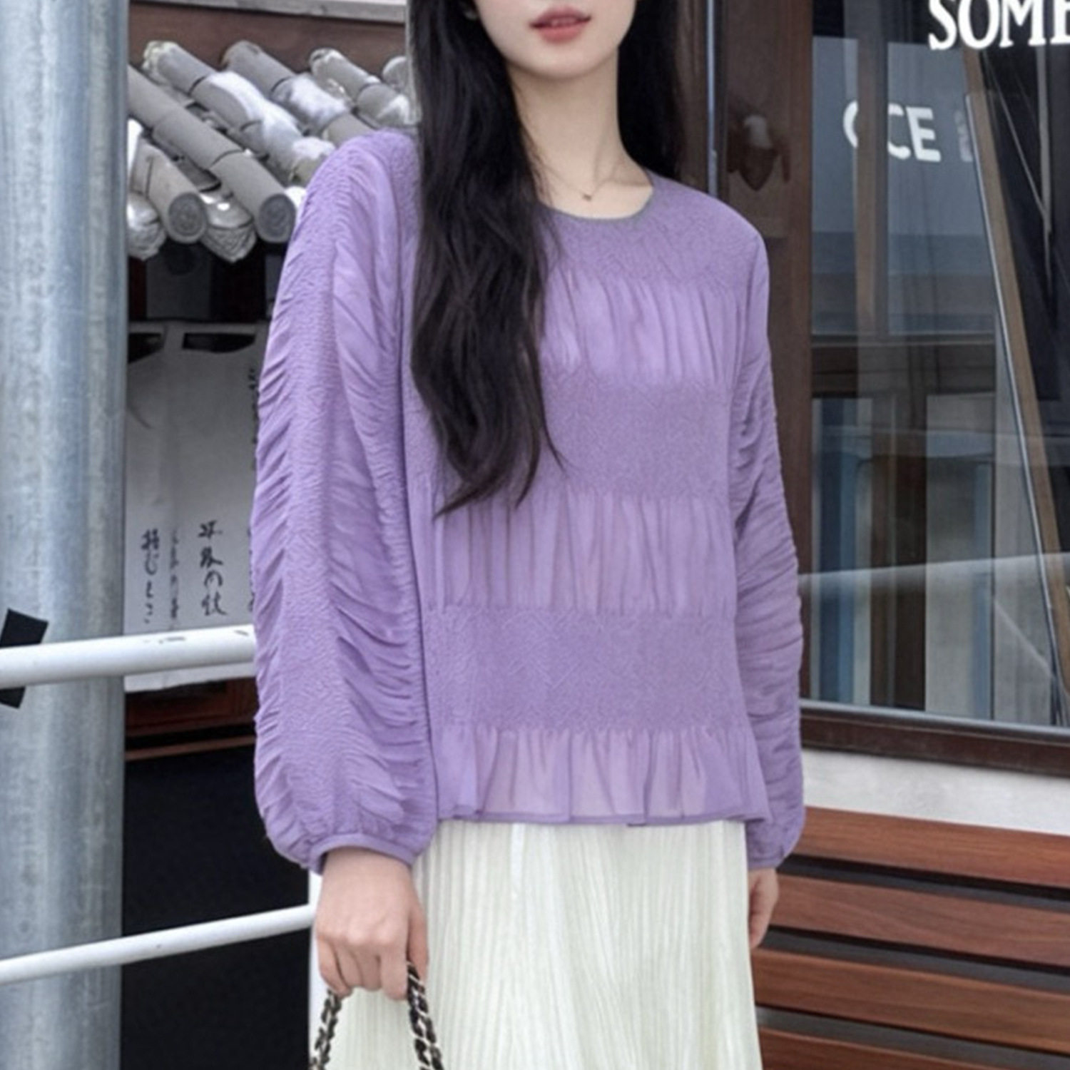 设计感褶皱长袖t恤女薄款2026年新品女装套头防晒衫薄款宽松上衣