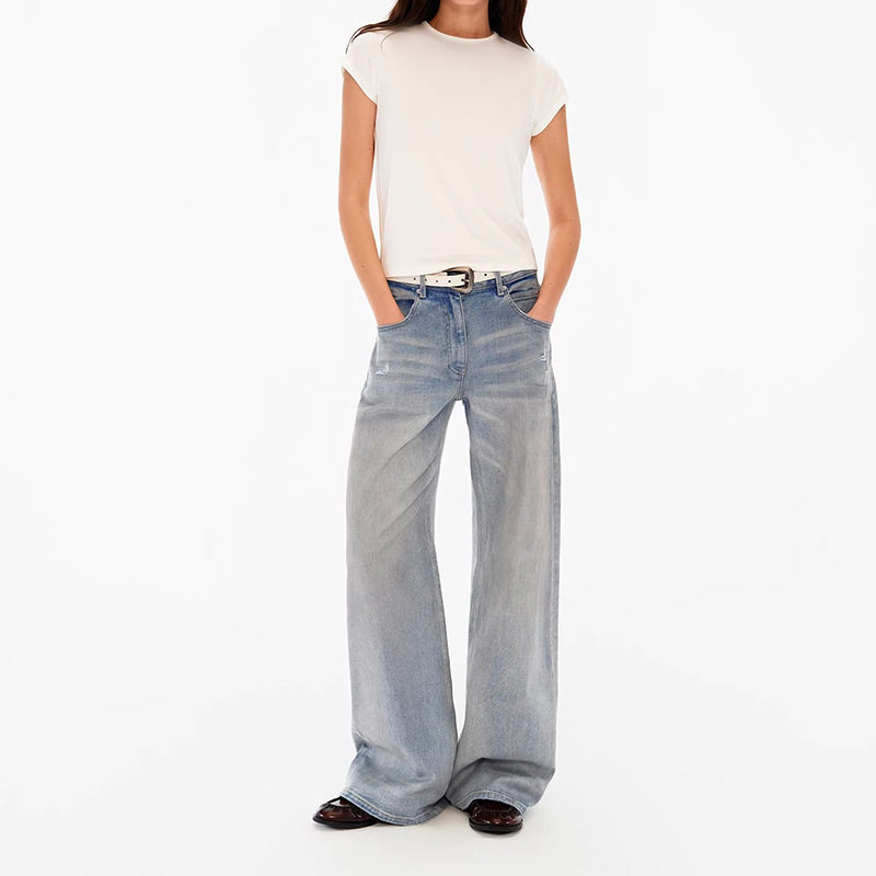 浅米蓝水洗猫须做旧中腰直筒粉笔牛仔休闲裤2026春款时百搭夏夏女