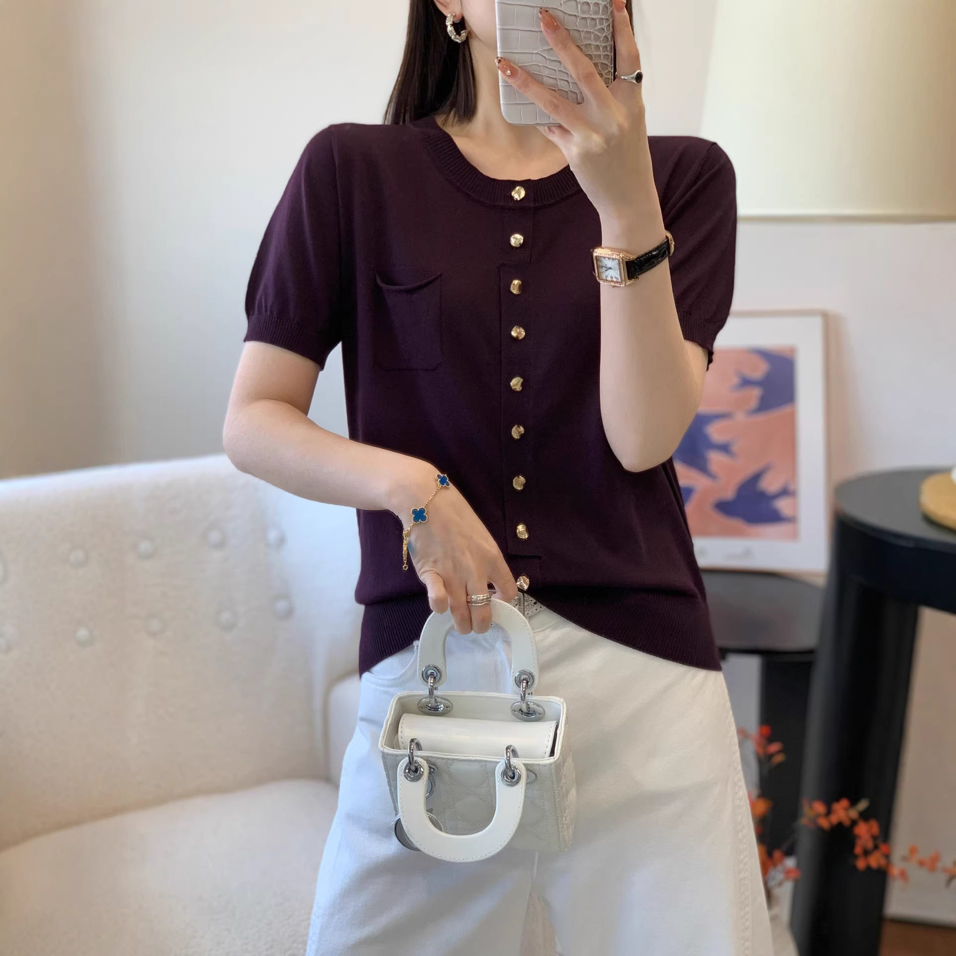 圆领长袖桑蚕丝夏季针织小开衫2026春季新款韩系T恤上衣女短袖潮