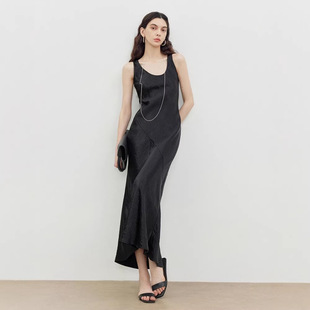 100%醋酸褶皱a字背心连衣裙女春夏拼接显瘦缎面无袖 背心长裙气质