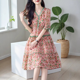 连衣裙碎花裙子夏天气质潮 时尚 小个子中长款 100%桑蚕丝V领七分袖