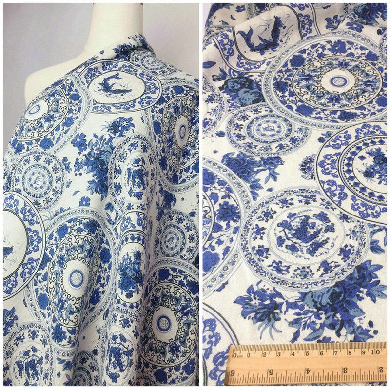 新款中国风青花瓷布料 青花瓷元素印花 裙子旗袍手工布料 特价
