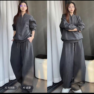 直播慵懒风复古两件套宽松压褶休闲裤套装308B-5511+K11-P88图片