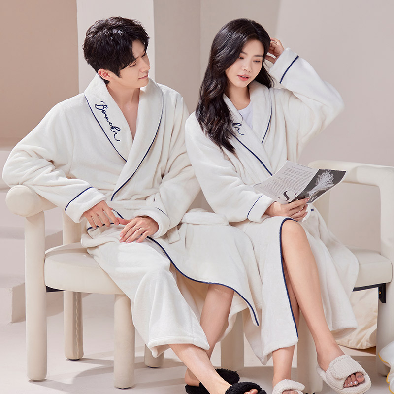法兰绒秋冬季情侣浴袍加长加厚