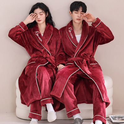 睡袍女加厚长款睡衣男士珊瑚绒加绒浴袍法兰绒秋冬季加裤子0908h
