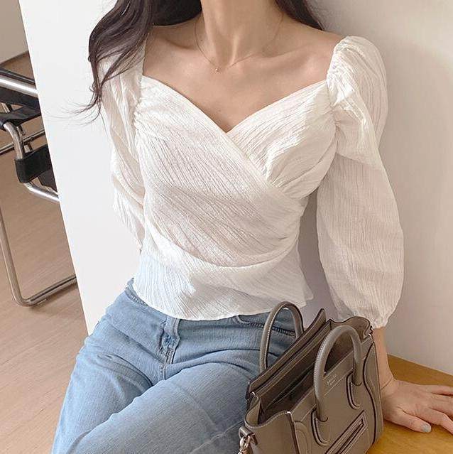 2020秋装新款女装设计感白衬衫七分袖V领小个子可盐气质百搭上衣