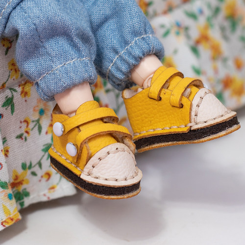 拼接彩色鞋ob11娃鞋手工牛皮靴