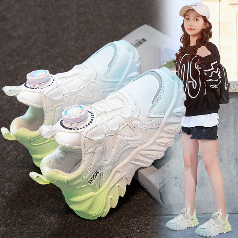 女童小白鞋2026新款春季儿童网面运动鞋小女孩透气旋纽扣网鞋薄款