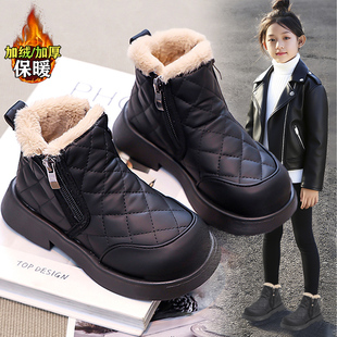 女童雪地靴冬季加绒2025新款儿童加厚保暖黑色棉靴中大童女孩棉鞋