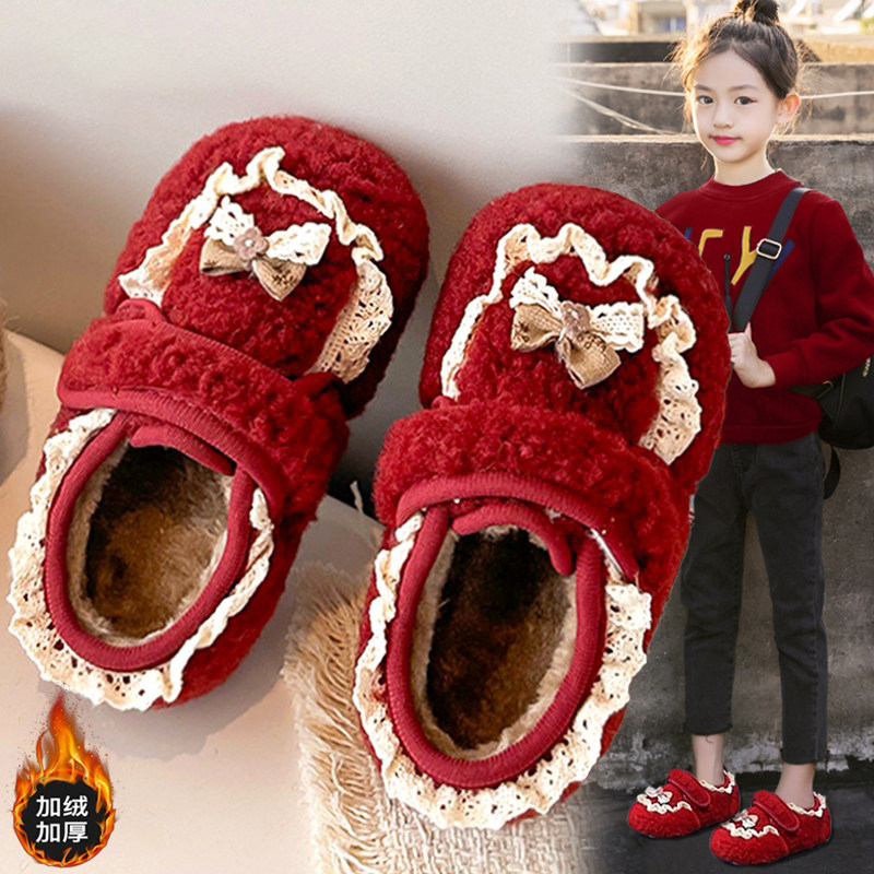 官网C&K女童红色棉鞋2026新款冬季保暖儿童毛毛鞋女孩软底勃肯鞋