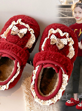 官网C&K女童红色棉鞋2025新款冬季保暖儿童毛毛鞋女孩软底勃肯鞋