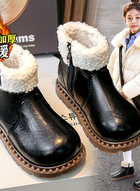 官网C&K儿童皮靴女童马丁棉靴2025冬季新款黑色加绒防滑毛毛棉鞋