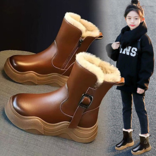 女童皮靴冬季2025新款儿童雪地靴女孩加绒加厚棉靴保暖中筒马丁靴