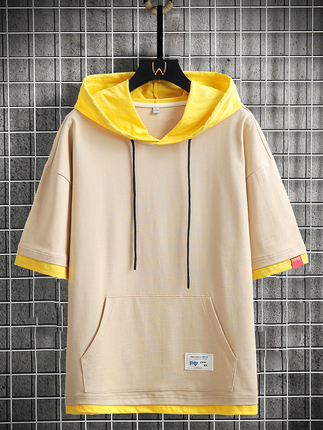 Fake Two-Piece T-Shirt Men's Hooded Short-Sleeved T-Shirt for Teenagers, Junior High School Students and High School Students Trendyy Casual Cotton Tops