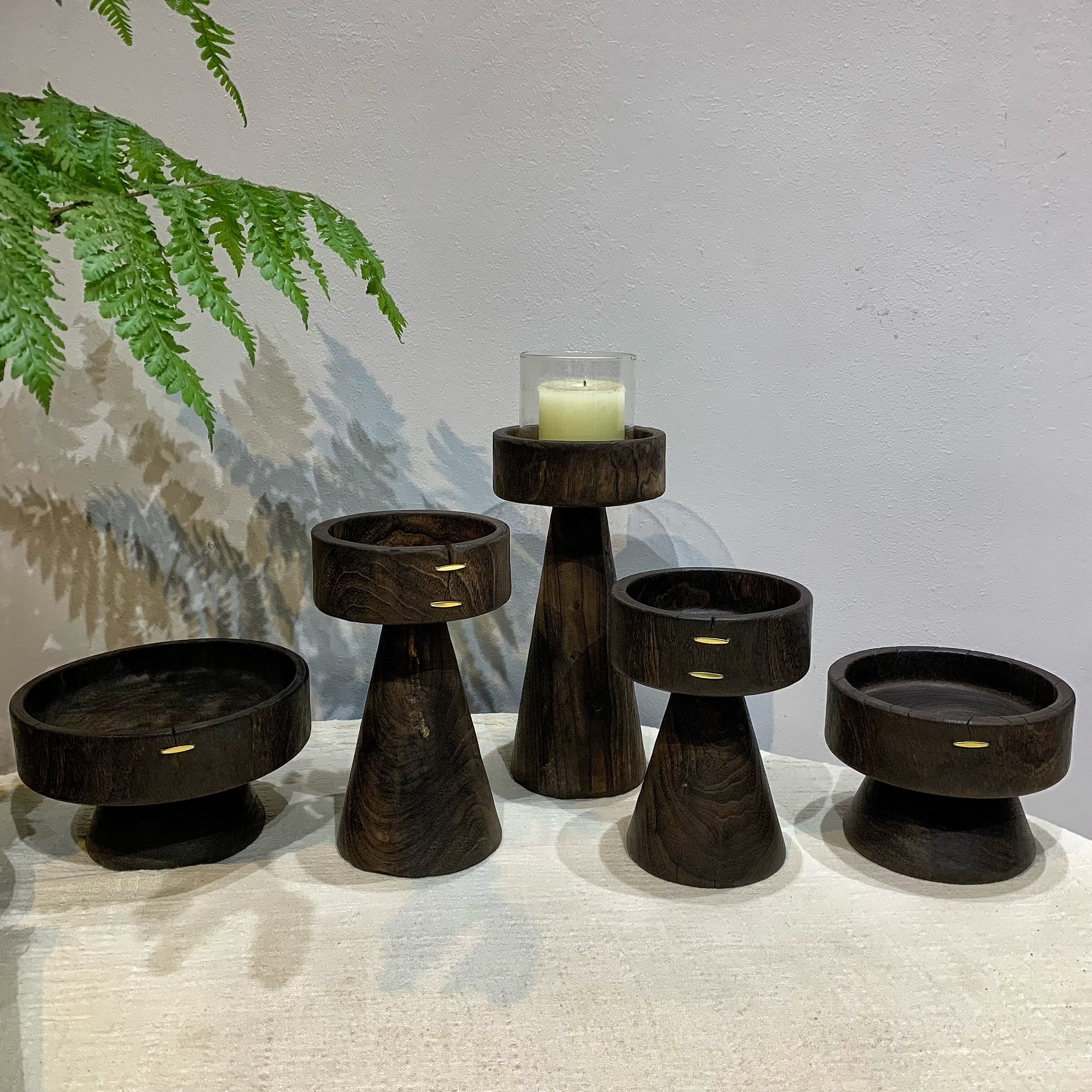 新中式复古侘寂风黑色碳化实木蜡烛台