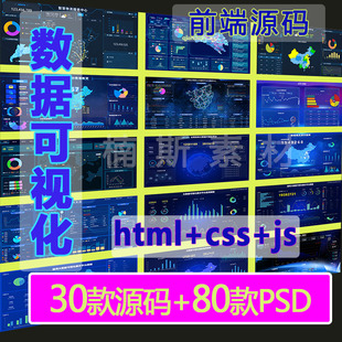 可视化大数据科技展示大屏h5源码echarts图表UI模板html+psd素材