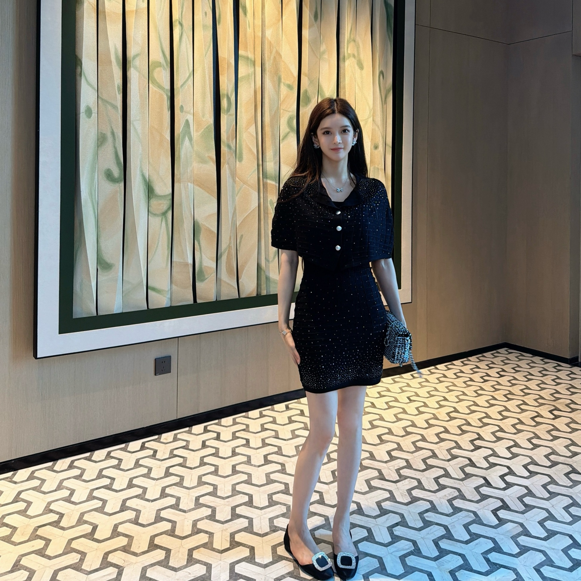 Nane南一自制款 老钱静奢 千金感斗篷披肩针织外套连衣裙两件套女