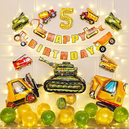 坦克气球生日装饰场景布置男孩儿童5/6/8岁挖掘机派对汽车背景墙