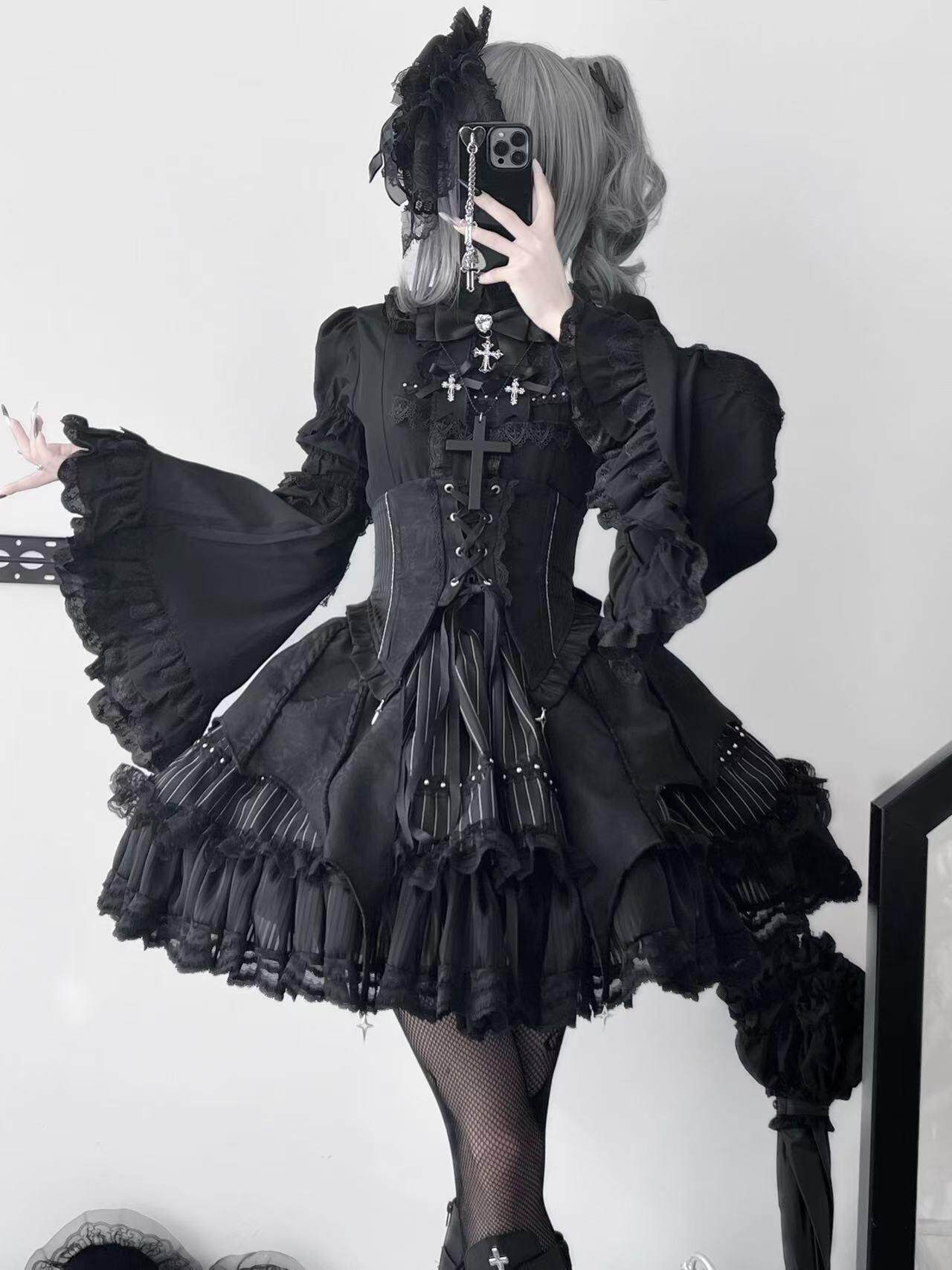 TwilightSong Original Sugu SK Gothic Fishbone Waist Waist Skirt Set Lolita