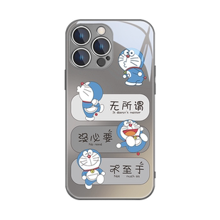 适用苹果15手机壳13哆啦a梦iPhone14创意17文字16Promax机器猫11卡通12Pro网红xs女款8plus金属漆x/xr玻璃air
