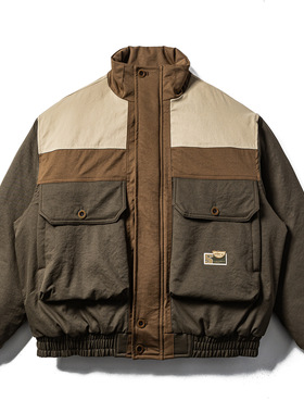 日系复古拼色大口袋工装棉衣外套男女宽松加厚保暖立领面包棉服潮