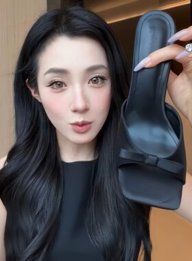黑色缎面蝴蝶结一字带凉拖鞋法式细跟方头夏季外穿不累脚露趾半拖