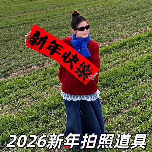 2026新年快乐手拉旗拍照道具红色