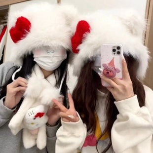 可爱蝴蝶结毛绒帽子女秋冬显脸小适合方圆脸护耳帽骑车保暖雷锋帽