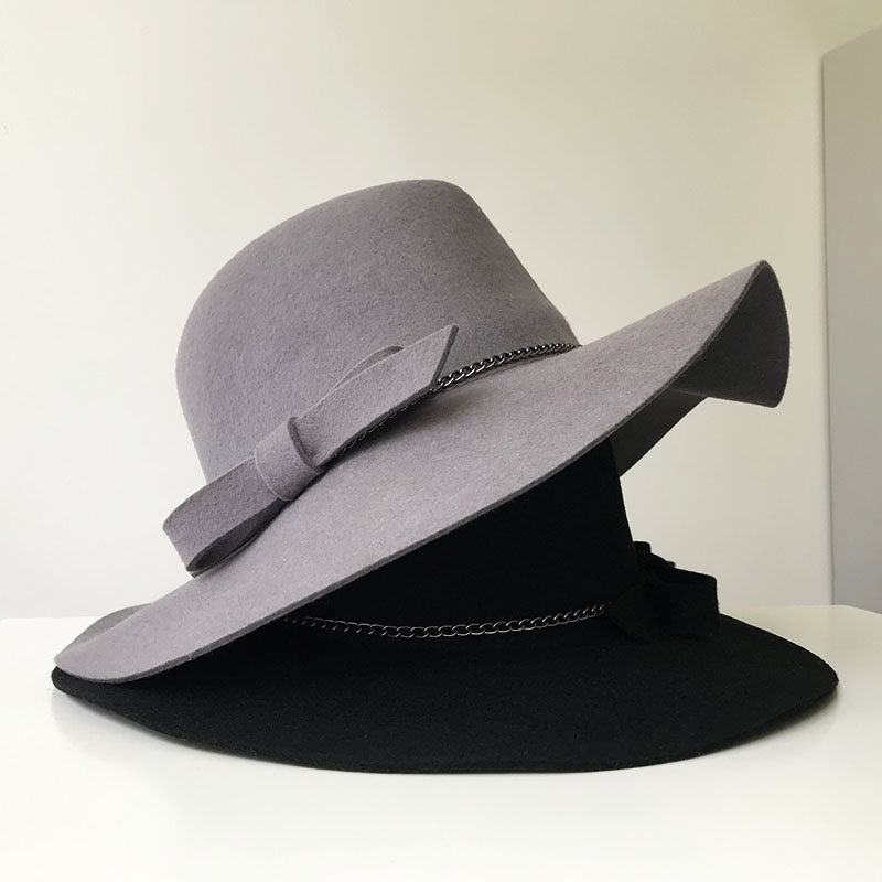 黑色灰色凹造型澳洲纯羊毛秋冬女士赫本风大檐出游优雅蝴蝶结礼帽