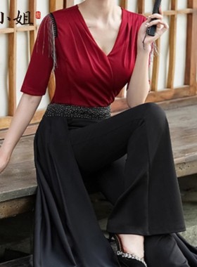 流苏步态服形体练功服初级两天班课程服装时装V领红色连体三件套