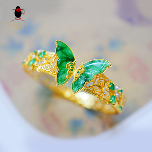衣锦媚行原创设计高端珠宝翠蝶s925银镀金镶天然翡翠蝴蝶镂空手镯