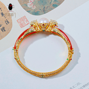 衣锦媚行s925银镀金轻奢玛瑙珍珠花丝双凤凰手镯镶嵌宝石精致手饰