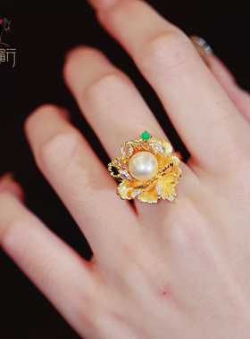原创设计s925银镀金牡丹珍珠戒指