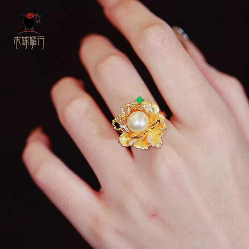原创设计s925银镀金牡丹珍珠戒指