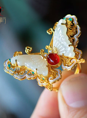 衣锦媚行  灵蝶 925银镀金镶和田玉蝴蝶戒指